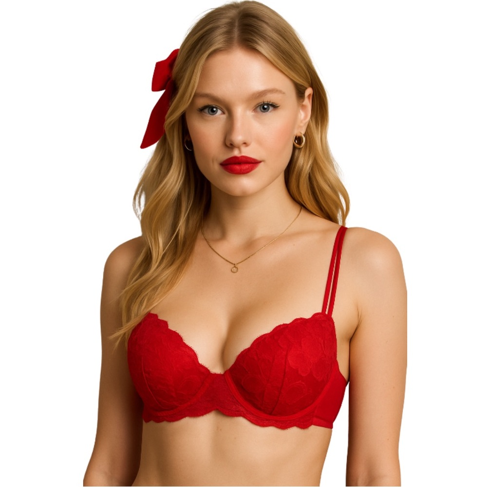 Victoria’s Secret PINK Red Lace Date Push-Up Bra 32D Double Strap Romantic